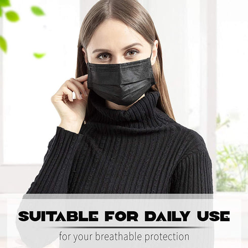 50pcs Black Masks Face Breathable Dust Filter Masks Mouth Cover Disposable Masks with Elastic Ear Loop for Men & Women (Pack of 50 PCS)