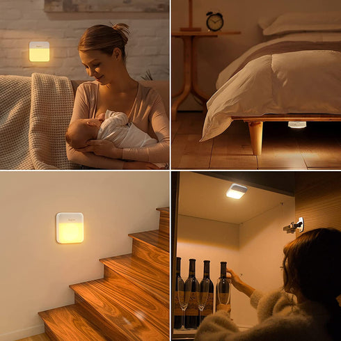 2 Pack LED Night Lights Rechargeable, Dusk to Dawn Sensor, bapro Warm White Stick-On Nightlight Adjustable Brightness for Bedroom, Bathroom, Kitchen, Hallway, Stairs, Kids, Adults, Compact Nightlight