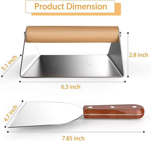 RUSFOL Large Stainless Steel Grill Smasher with a Stainless Steel Griddle Spatula, Heavy Duty Bacon Press,Wooden Handle Burger Smasher, No Rust,Easy to Maintain&Use, Good for Indoor&Outdoor use
