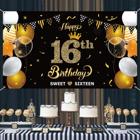 WATINC Happy 16th Birthday Backdrop Banner Sweet Sixteen Background Banners 78" x 45" Extra Large Backdrops Balloons Black Gold Party Decorations Supplies