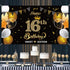 WATINC Happy 16th Birthday Backdrop Banner Sweet Sixteen Background Banners 78" x 45" Extra Large Backdrops Balloons Black Gold Party Decorations Supplies