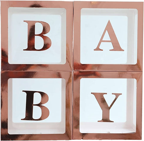 Rose Gold Baby Shower Boxes Party Decorations 4 Clear & Transparent Blocks, First Birthday Centerpiece Decor Supplies for Boys and Girls, Gender Decor (Rose gold)
