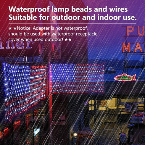 American Flag Lights, 6.56ft x 3.28ft Red White Blue Led Flag Lights, 390 LED Flag Net Lights with 8 Modes for Independence Day, Memorial Day, Christmas Day, Festival Decorations