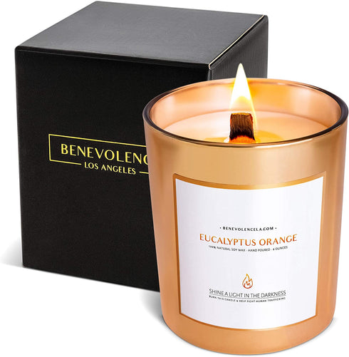 Eucalyptus & Orange Scented Candles for Home Scented | Wood Wicked Candles | Eucalyptus Candle | 8 oz 45 Hour Burn, All Natural Soy Candle, Calming Aromatherapy Candles in Rose Gold Glass Jar