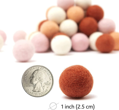 Glaciart One Wool Felt Balls, Rainbow Felt Balls (50 Pieces) 2.5 Centimeters 1 Inch, Handmade Felted 4 Blush Colors (Blush, Light Blush, White and Copper) - Bulk Small Puff for Felting and Garland