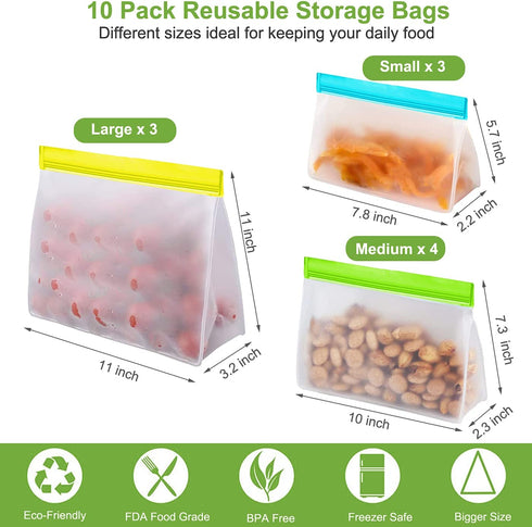 10 Pack Reusable Food Storage Bags & 6 Pack Silicone Stretch Lids Leakproof Silicone Stand Up Food Bags Extra Thick Food Grade BPA Free Freezer Bags for Lunch Sandwich Snack Meat Fruit