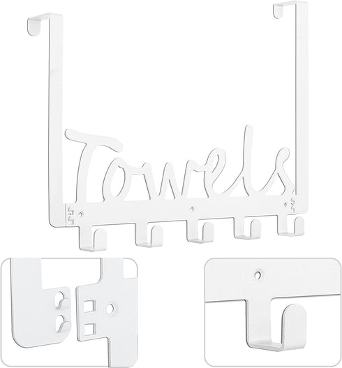 Bath Over The Door Towel Rack 5 Hooks Towel Holder Wall Hooks for Robe, Towel, Coat, Bag- White