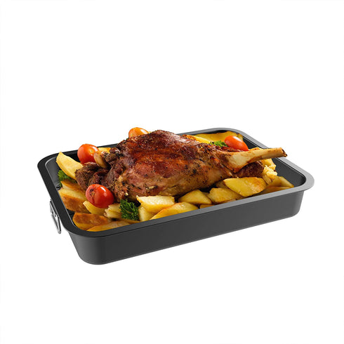 Roasting Pan with Flat Rack-Nonstick Oven Roaster and Removable Tray-Drain Fat and Grease for Healthier Cooking-Kitchen Cookware by Classic Cuisine, Black, 16.5 inch