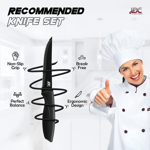 LDC Steak Knives Set of 8 - Black Steak Knife Set & Dinner Knife Set- Stainless Steel, Ultra-Sharp, Scratch Resistant And Rust Proof - Non Stick and Dishwasher Safe - Serrated Steak Knives