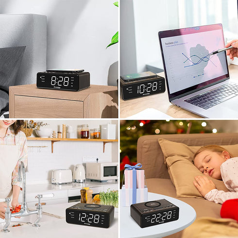 REACHER Alarm Clock Radio with Wireless Charging & USB Charger, Large LED Dimmable Display, 2 Wake Up Sounds, Adjustable Volume, FM Radio, Sleep Timer, Battery Backup for Bedroom, Office (Wood Grain)