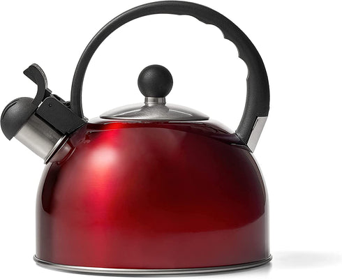 Diamond Home 2.5 Liter Stainless Steel Whistling Tea Kettle - Modern Stainless Steel Whistling Tea Pot for Stovetop with Cool Grip Ergonomic Handle - Red