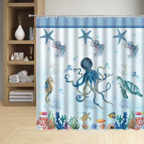 Sea Animal Shower Curtain Octopus Turtle Starfish Undersea Creatures Blue Stripe Design Decor,Ocean Fabric Bathroom Set Hooks 70'Wx 70'