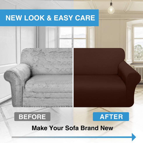 Luxurlife Thick Sofa Covers 1-Piece Stretch Couch Cover for 3 Cushion Couch Latest Jacquard Sofa Slipcover for Pets Kids Furniture Protector with Elastic Bottom(Large, Chocolate)