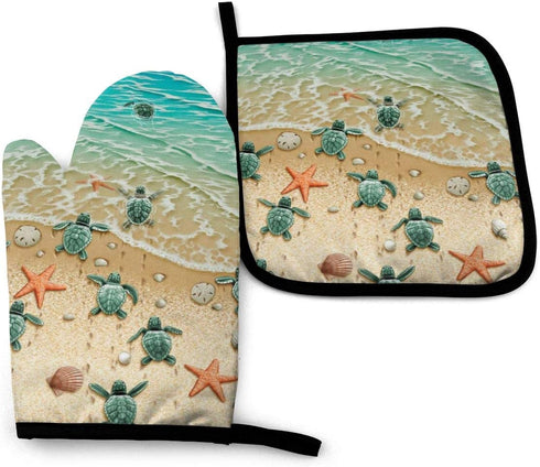 Turtles On The Beach Oven Mitts and Pot Holders Sets,Heat Resistant Non-Slip Cooking Gloves with Cotton Lining for Kitchen Baking Grilling BBQ