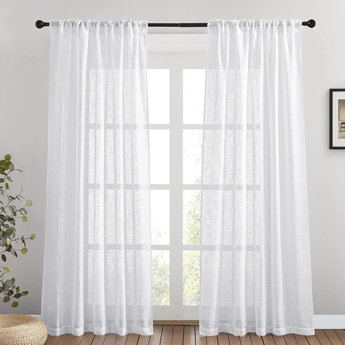 PONY DANCE Sheer White Curtains - Linen Curtains 84 inches Long for Living Room Delicate Back Tab Semi-Sheer Privacy Window Covering for Bedroom, 52" W x 84" L, 2 PCs