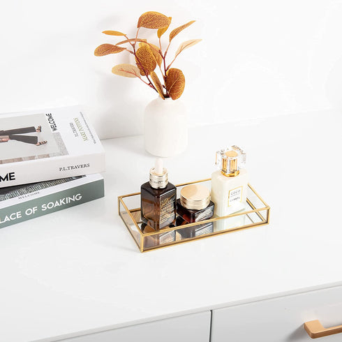 Feyarl Gold Clear Glass Vanity Tray Jewelry Trinket Rings Earrings Organizer Perfume Collection Display Decorative Tray for Dressr Drawer Office Tabletop (7.87Inch)
