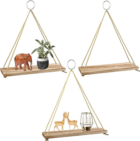 Hanging Shelves 3 Pack , POZEAN Wooden Floating Wall Shelves, Hanging Plant Shelf, Boho Wall Decor Shelves for Bedroom, Plants, Living Room, Office (Included 6 Ropes 3 Rings 3 Hooks and Anchors)
