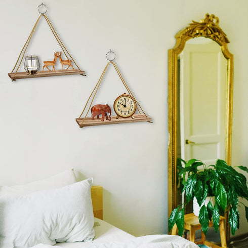 Hanging Shelves 3 Pack , POZEAN Wooden Floating Wall Shelves, Hanging Plant Shelf, Boho Wall Decor Shelves for Bedroom, Plants, Living Room, Office (Included 6 Ropes 3 Rings 3 Hooks and Anchors)