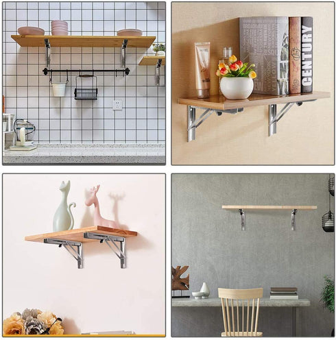 Folding Shelf Brackets 12 Inch, Heavy Duty Stainless Steel Collapsible L Angle Wall Mounted Brackets, DIY Shelves for Table Work Bench Max Load 250lb, Pack of 2 with Install Screws