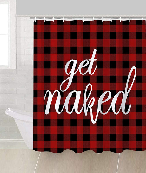 AZNWXY Get Naked Shower Curtain,Funny Naked Black Red Buffalo Check Plaid Shower Curtain,Durable Fabric Waterproof Bathroom Decor Curtain with Hooks,72x72inch