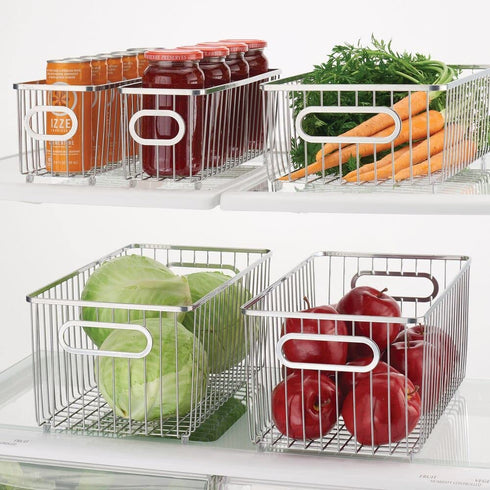 mDesign Metal Farmhouse Kitchen Pantry Food Storage Organizer Basket Bin - Wire Grid Design - for Cabinets, Cupboards, Shelves, Countertops - Holds Potatoes, Onions, Fruit - Large, 2 Pack - Chrome