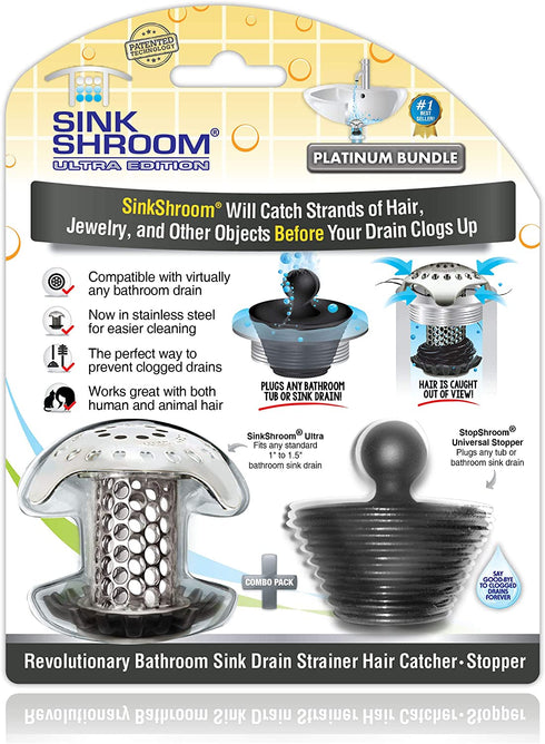 SinkShroom Bathroom Sink Drain Protector in Stainless Steel with StopShroom, Stainless with Stopper