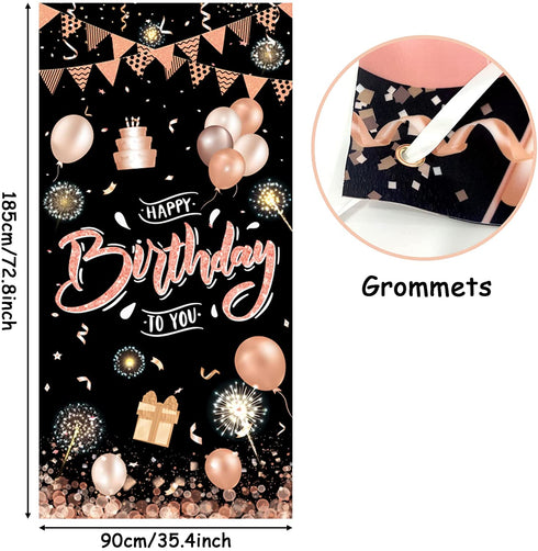 Rose Gold Happy Birthday Door Banner,Birthday Door Cover Decoration Supplies Happy Birthday Backdrop Photography Black Background Sign For Women And Girls Birthday Party Home Outdoor Decor