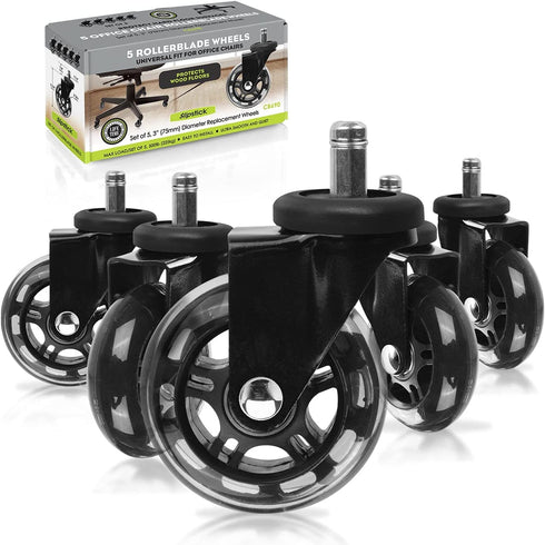 Slipstick CB690 Floor Protecting Rubber Office Chair Caster Wheels (Set ff 5), Roller Style, Universal 7/16" Stem, 3" Black Castors