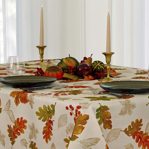 Elrene Home Fashions Swaying Leaves Allover Fabric Tablecloth for Thanksgiving/Fall/Harvest, 60 in x 84, Ivory