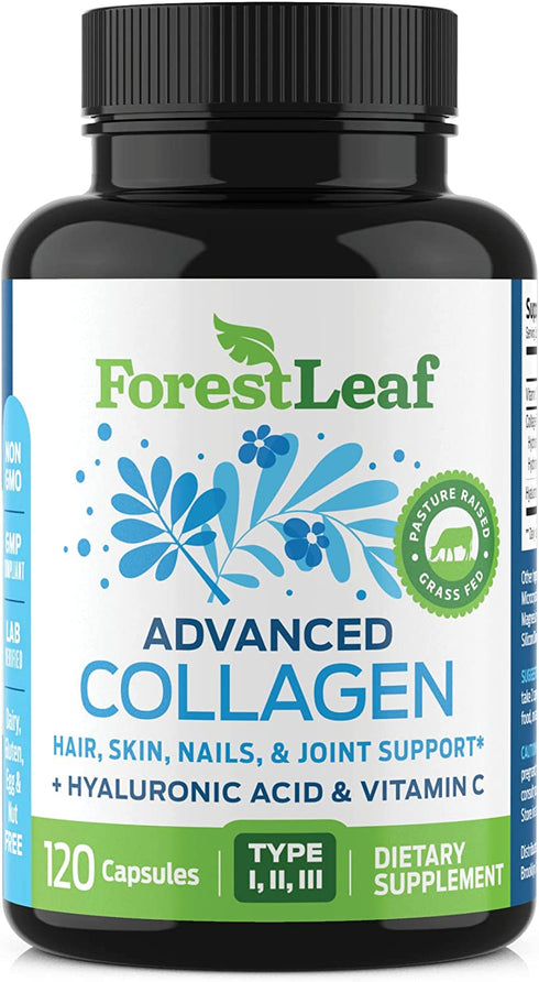 Forest Leaf - Collagen Pills with Hyaluronic Acid & Vitamin C - Reduce Wrinkles, Tighten Skin, Boost Hair, Skin, Nails & Joint Health - Hydrolyzed Collagen Peptides Supplement - 120 Capsules