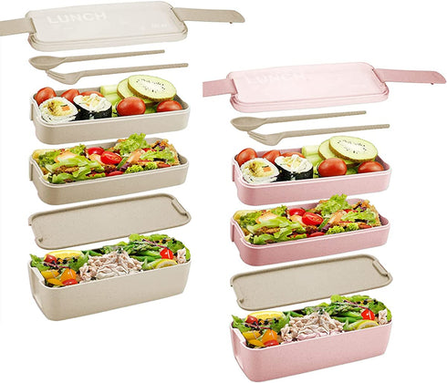 Bento Box Lunch Box for Adults Kids, 3-In-1 Meal Prep Container, 900ML Janpanese Lunch Box with Compartment, Wheat Straw, Leak-proof, Spoon & Fork, BPA-free 2 Pack