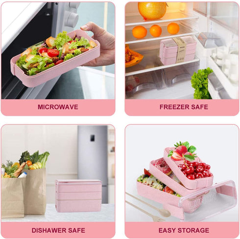 Bento Box Lunch Box for Adults Kids, 3-In-1 Meal Prep Container, 900ML Janpanese Lunch Box with Compartment, Wheat Straw, Leak-proof, Spoon & Fork, BPA-free 2 Pack