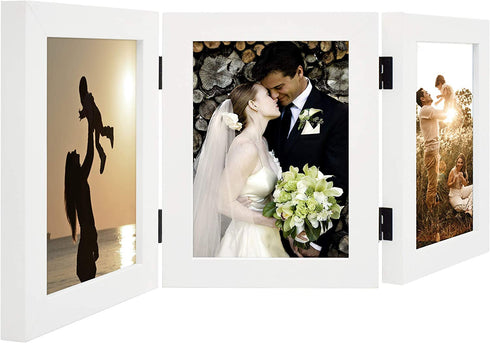 Golden State Art, 5x7 Three Picture Frame Trifold Hinged Photo Frame with 3 Openings, Desk Top Family Picture Collage, with Real Glass (5x7 Triple, White, 1-Pack)