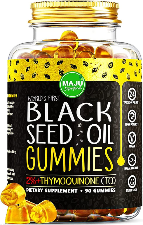 MAJU's Black Seed Oil Gummies 90ct, World's 1st, 2.5X Oil Per BSO Gummy, Black Cumin Seed Nigella Sativa Oil, Cold-Pressed, Potent Formula with Cinnamon Extract, Tasty, 500mg Gummies 90ct