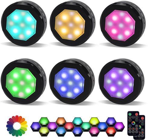 MFOX Under Cabinet Led Lighting, Closet Lights|Puck Lights with Remote, RGB Color Changing Dimmable Lighting¦ (Black, 6 Packs)