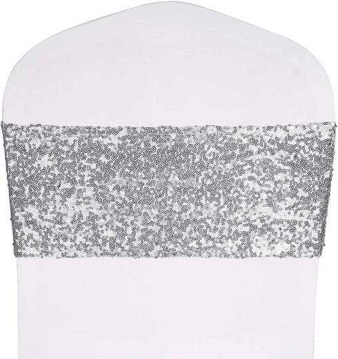 Desirable Life Pack of 25 Stretch Sequin Chair Sashes Chair Bands One-Sided Sequins Decor for Hotel Wedding Reception Party Event Chair Cover Decoration 4"x16" - Silver