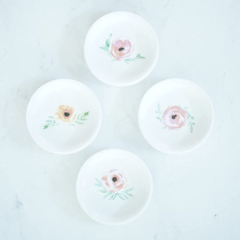 Set of 4 Floral Ring Holder Dish Bowls- Trinket Tray or Boho Plain White Jewelry Dish Tray Personalized - Gift Favor Ring Tray - CEDAR + INK