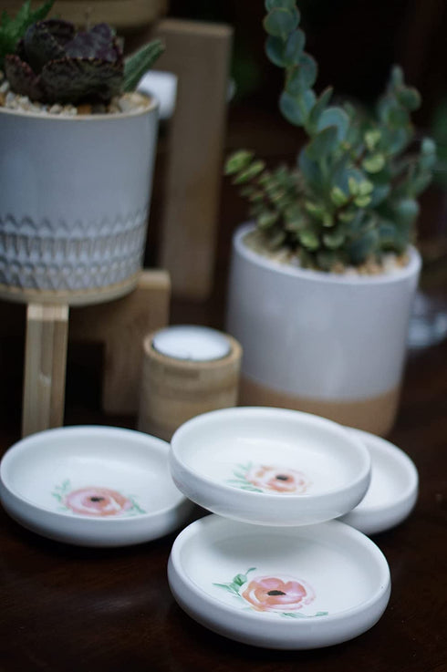 Set of 4 Floral Ring Holder Dish Bowls- Trinket Tray or Boho Plain White Jewelry Dish Tray Personalized - Gift Favor Ring Tray - CEDAR + INK