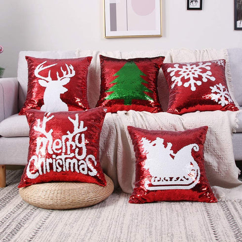 Coeufuedy Christmas Red Sequin Pillow Covers 18" x 18" Reversible Decorative Throw Pillows Sequins Pillow Case Magic Mermaid Pillowcase
