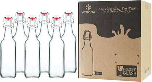YEBODA Clear Glass Beer Bottles for Home Brewing with Easy Wire Swing Cap & Airtight Silicone Seal 16 oz- Case of 6