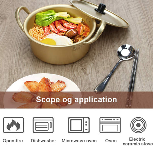 AHIER Ramen Pot, Korean Ramen Cooking Pot With Lid Spoon and Chopsticks (1pair), Korean Ramen Noodle Pot Fast Heating For Kitchen Cookware (Double handle) (6.3in)