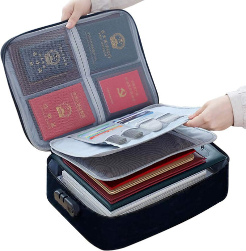 DELIWAY Waterproof 3-Layer Document Storage Bag with Password Lock,A4 Letter Size Document Holder,Portable Organizer for Passport,Legal Documents,Files,Valuables (Black)