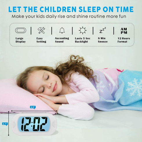 Kids Alarm Clock - Plumeet Large Digital LCD Travel Alarm Clocks with Snooze and Night Light - Ascending Sound and Handheld Size - Best Gift for Kids (White)