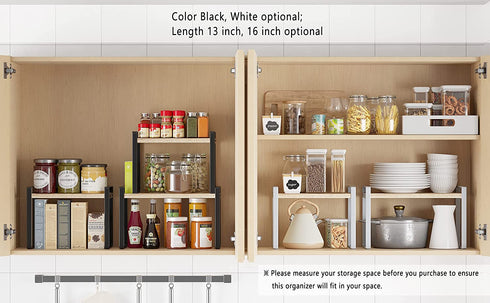 Cabinet Pantry Shelf Riser, Countertop Organizer, Heavy Duty Metal + Wood, Cupboard Stand Spice Rack, Under Sink Shelf, 13" L x 8.1" W x 9.6" H, White