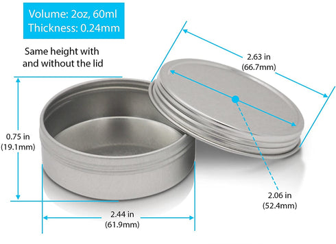 SimbaLux Screw Top Round Steel Tin Cans 2 oz (60ml) with Self Adhesive White Round Stickers, 24 Pack