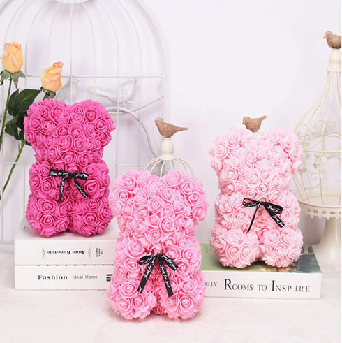 23cm Rose Bear in Box Artificial Rose Flower Bear, Gift for Valentines Day, Wedding, Mothers Day and Anniversary (RED)