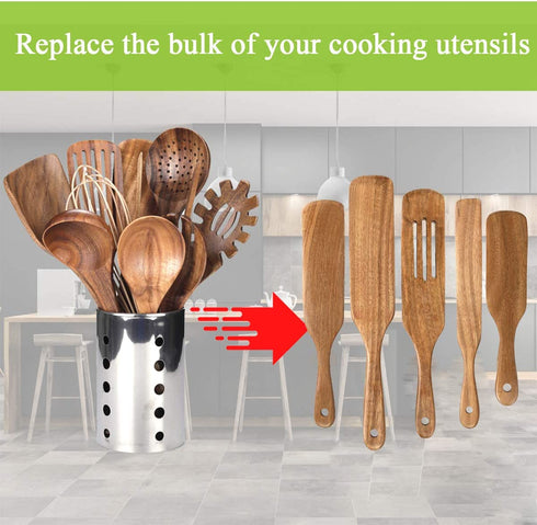 Wood Spurtles Kitchen Set, Acacia Wooden Kitchen Utensil Set,Wood Cooking Utensil, 100% Healthy Hard And Durable Wood Kitchen Utensils For Salad Stir, Cake Make And Pan-Fried Steak (5)