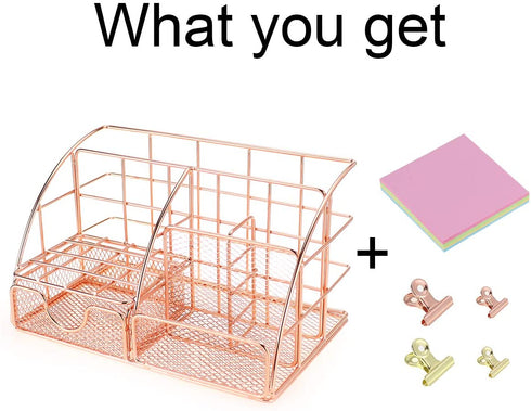 LEORISO Desk Organizer Supplies, Rose Gold Office Organizer with Mail Organizer, Pen Holder, Paper Organizer & Desk Drawer Organizer, Metal Multifunctional Desktop Organizer for Office, School & Home