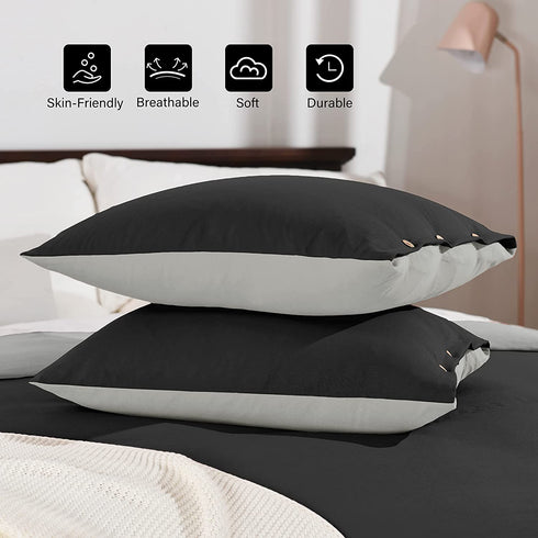 Basic Beyond Duvet Cover King Size, Washed Microfiber Black/Grey Duvet Cover Set with Coconut Button Closure - 3 Pieces (1 Duvet Cover & 2 Pillowcases)