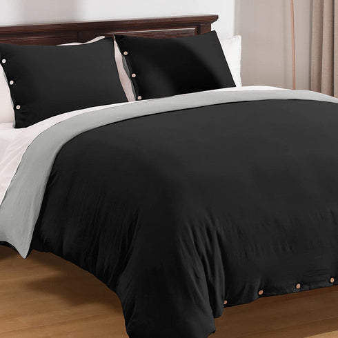 Basic Beyond Duvet Cover King Size, Washed Microfiber Black/Grey Duvet Cover Set with Coconut Button Closure - 3 Pieces (1 Duvet Cover & 2 Pillowcases)